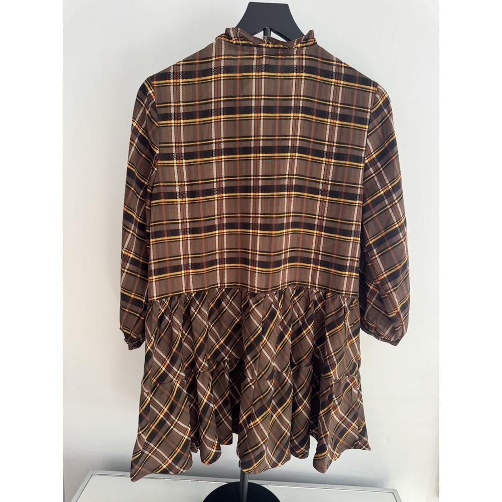 Entro Womens Sz M Brown Plaid Peplum Tunic Cottagecore‎ - Picture 2 of 8